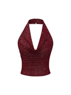 Sequin Halter Top with Cowl Neck, Open Back, Sleeveless Party Tank